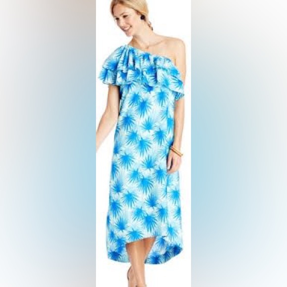 Vineyard Vines Dresses & Skirts - Vineyard Vine electric palm one shoulder dress hi-low hem blue women’s size 12